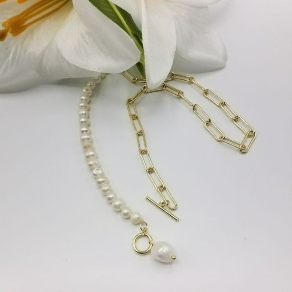 Gold Plated Cultured Baroque Freshwater Pearl‎ Pendant Necklace Toggle Clasp - Picture 7 of 9